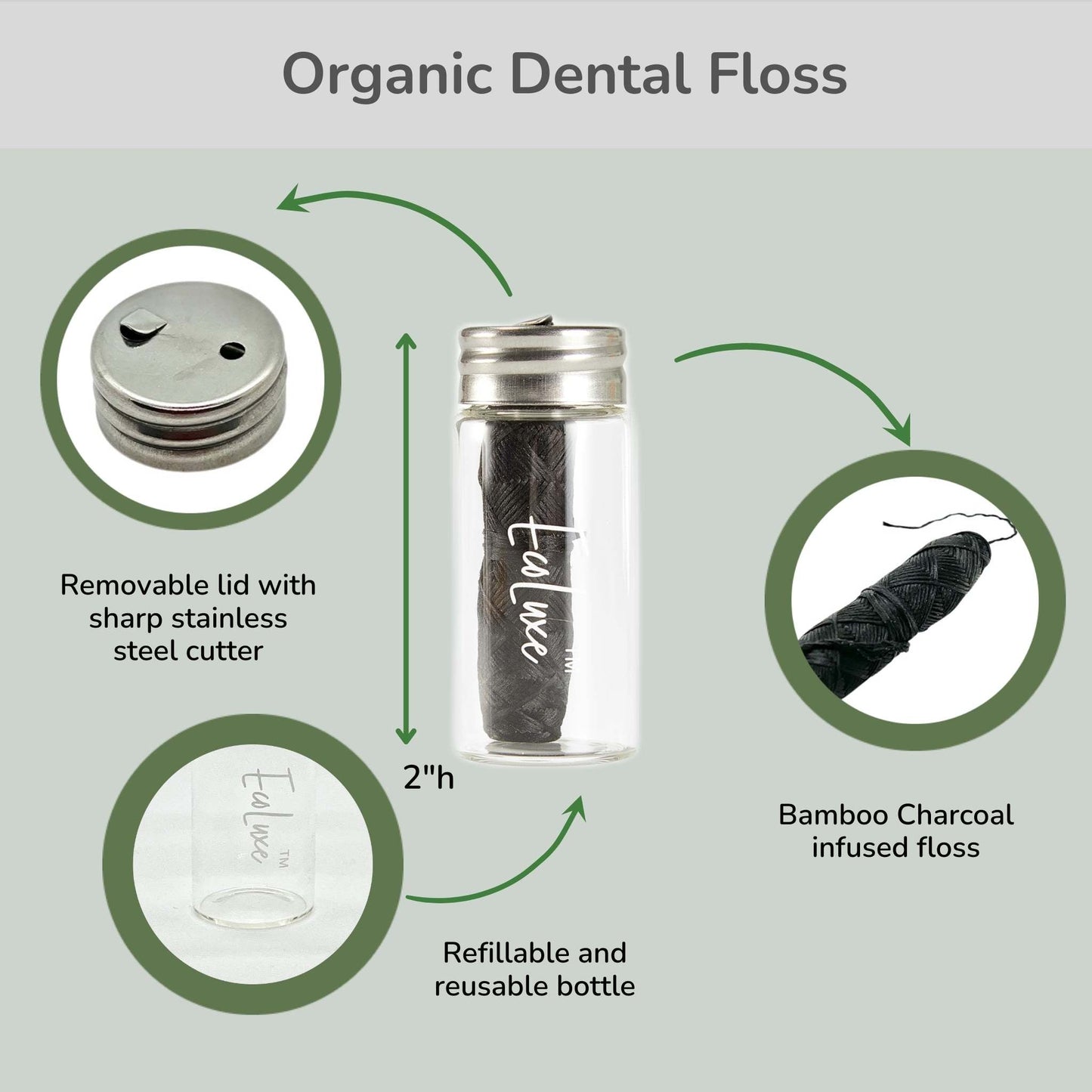 Sample - Bamboo Charcoal Infused Mint Flavored Dental Floss in Reusable Bottle