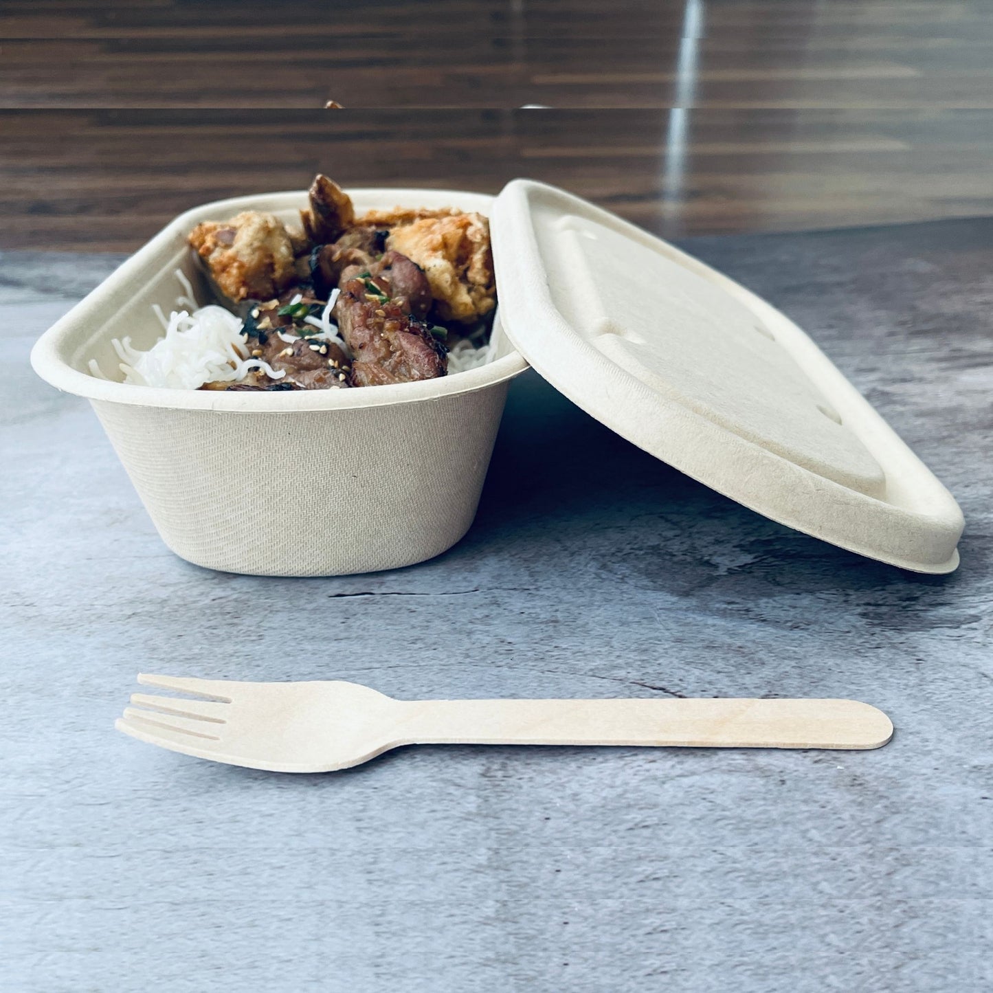 Oblong 1-Compartment Compostable Container 1000 ml with lid