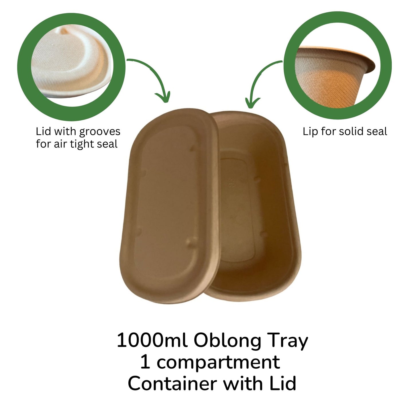 Oblong 1-Compartment Compostable Container 1000 ml with lid