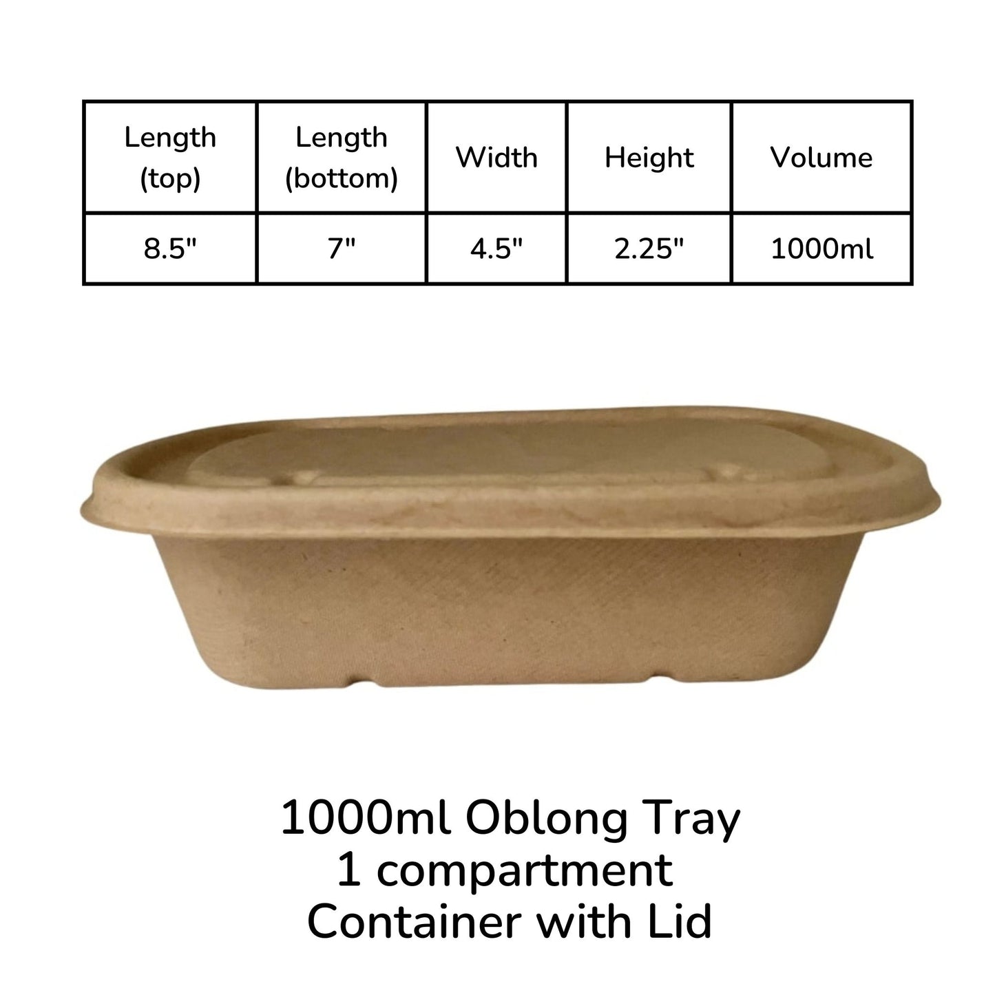 Oblong 1-Compartment Compostable Container 1000 ml with lid