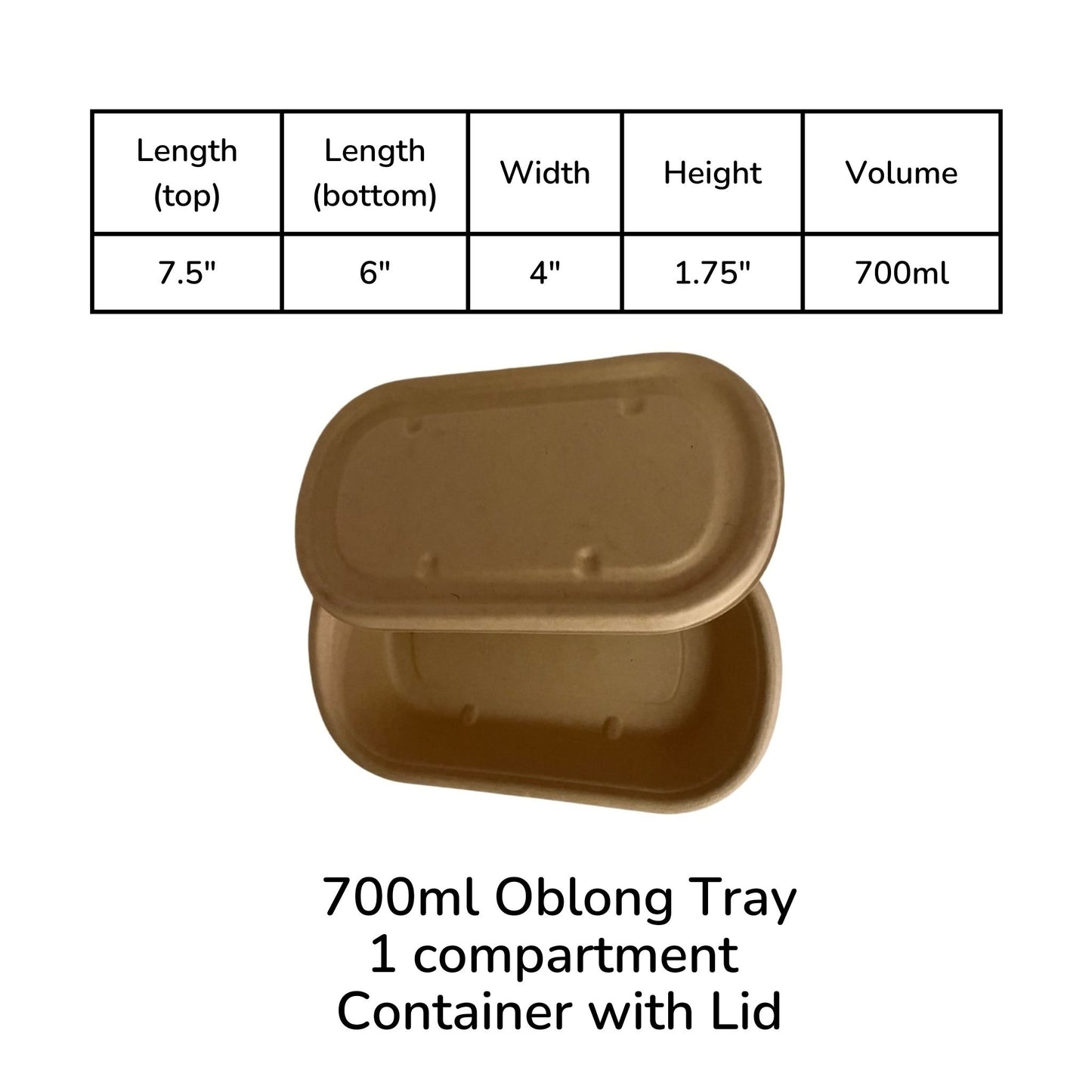 Oblong 1-Compartment Compostable Container 700 ml