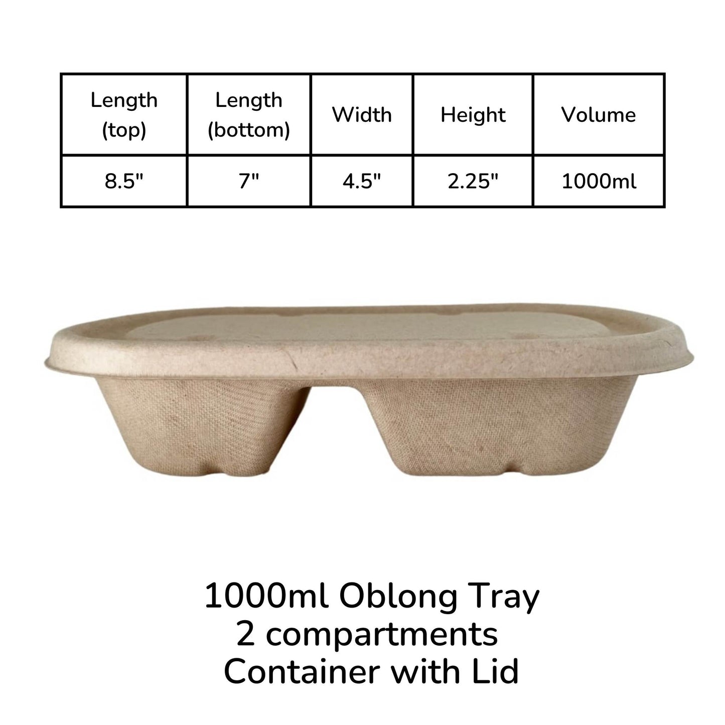 Oblong 2-Compartment Compostable Container 1000 ml