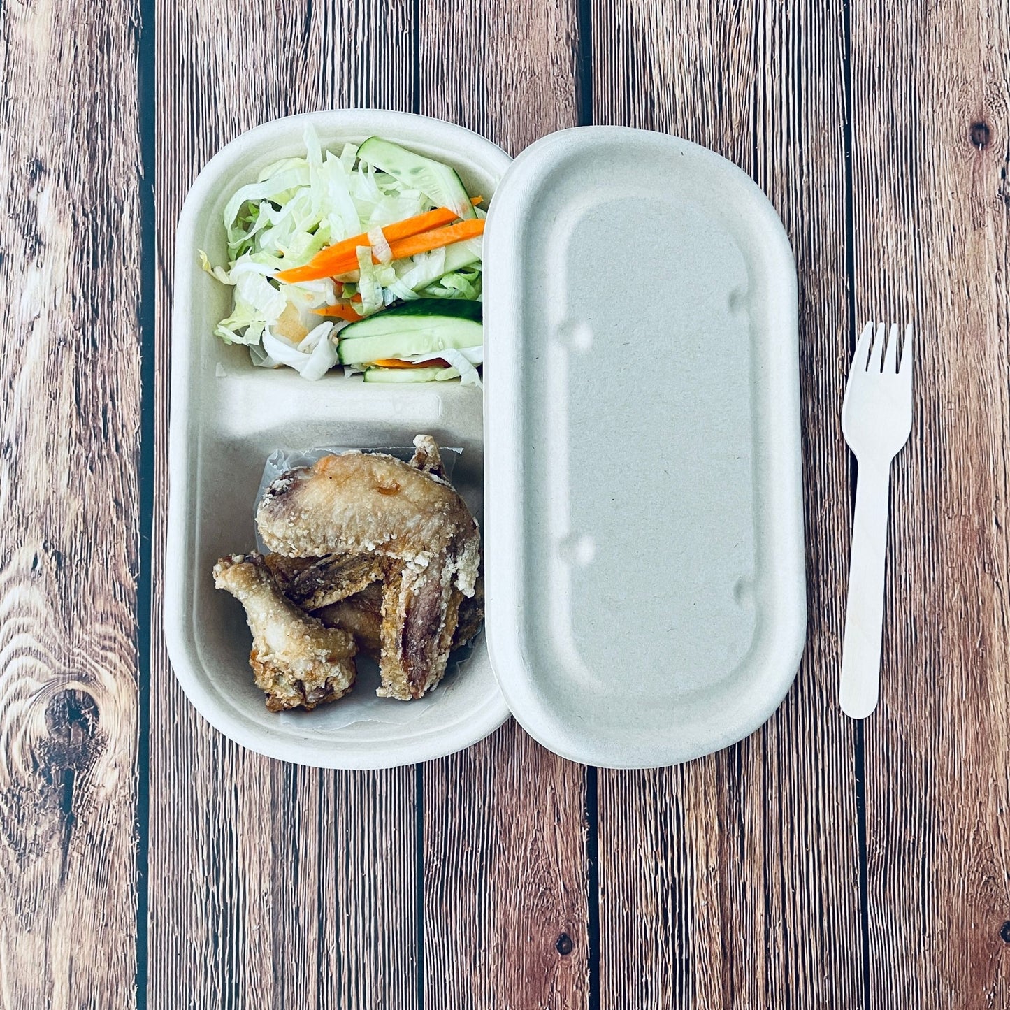 Oblong 2-Compartment Compostable Container 800 ml With lid