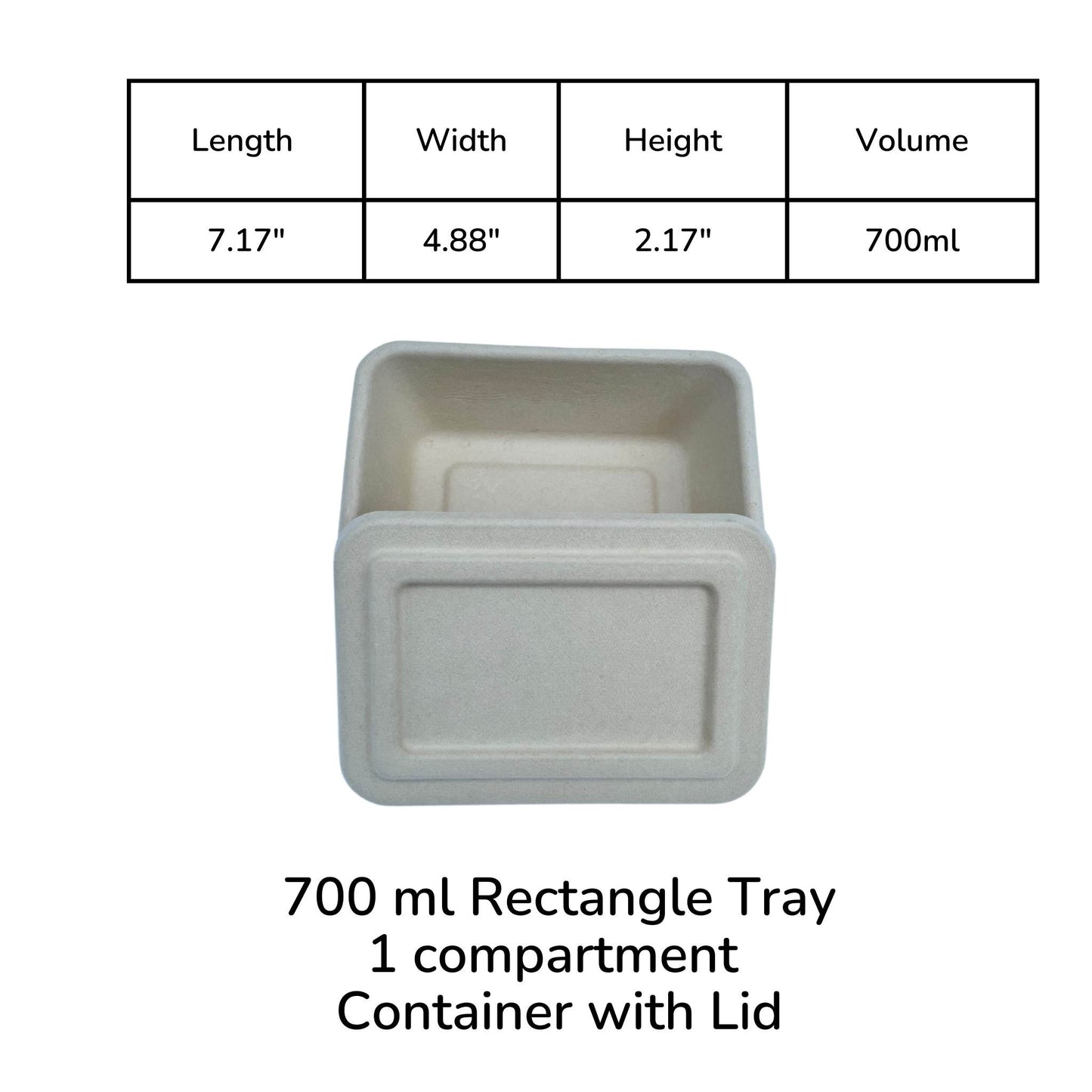 Rectangle 1-compartment compostable container 700ml with lid