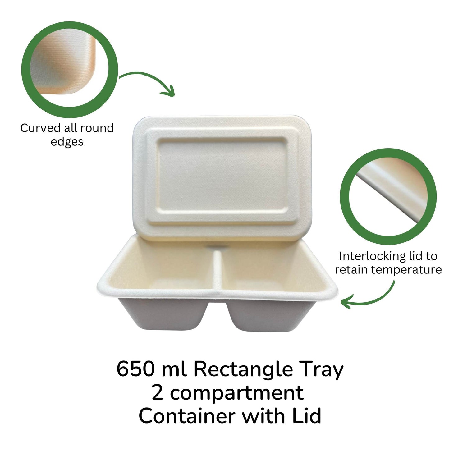 Rectangle 2-compartment compostable container 650ml