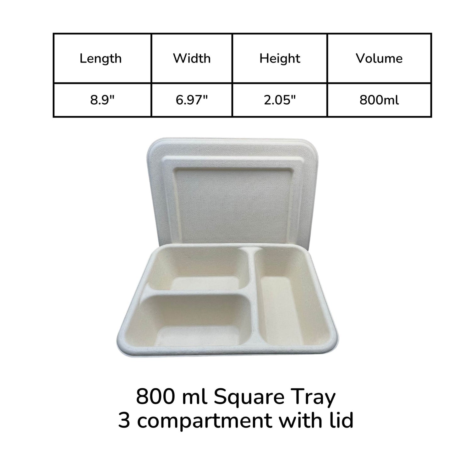 Tray 3-compartment compostable 800ml