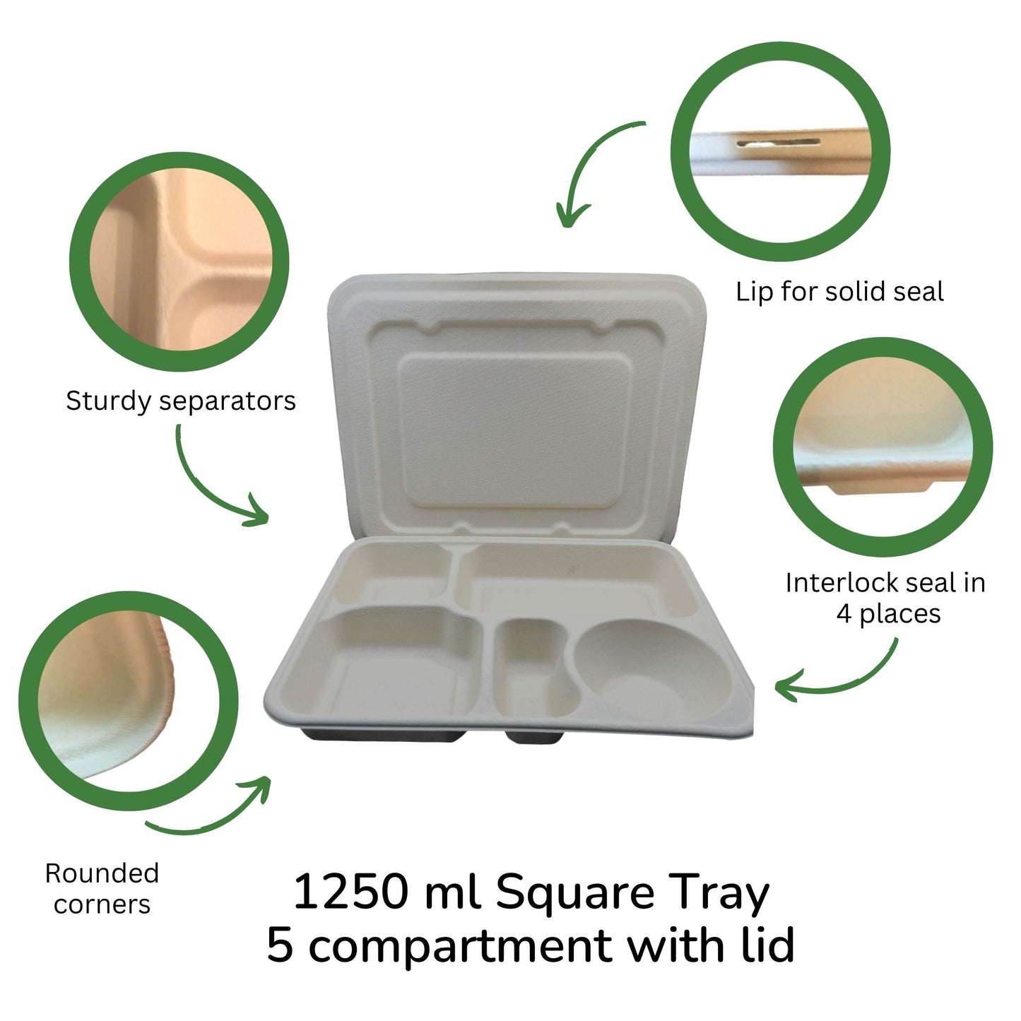 Tray 5-compartment compostable 1250ml with lid