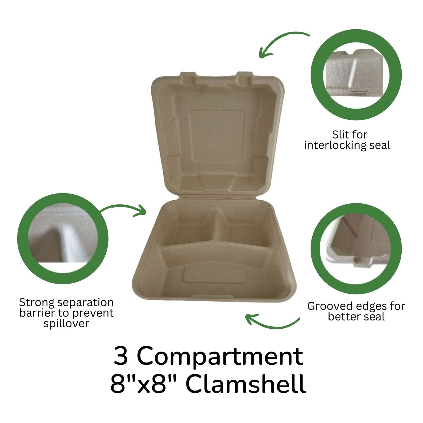 Clamshell 3-compartment container 8" x 8"