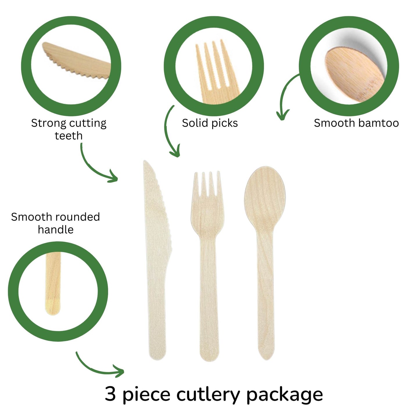 Disposable Biodegradable 3 piece Bamboo Cutlery Package (Spoon, Fork, Knife)