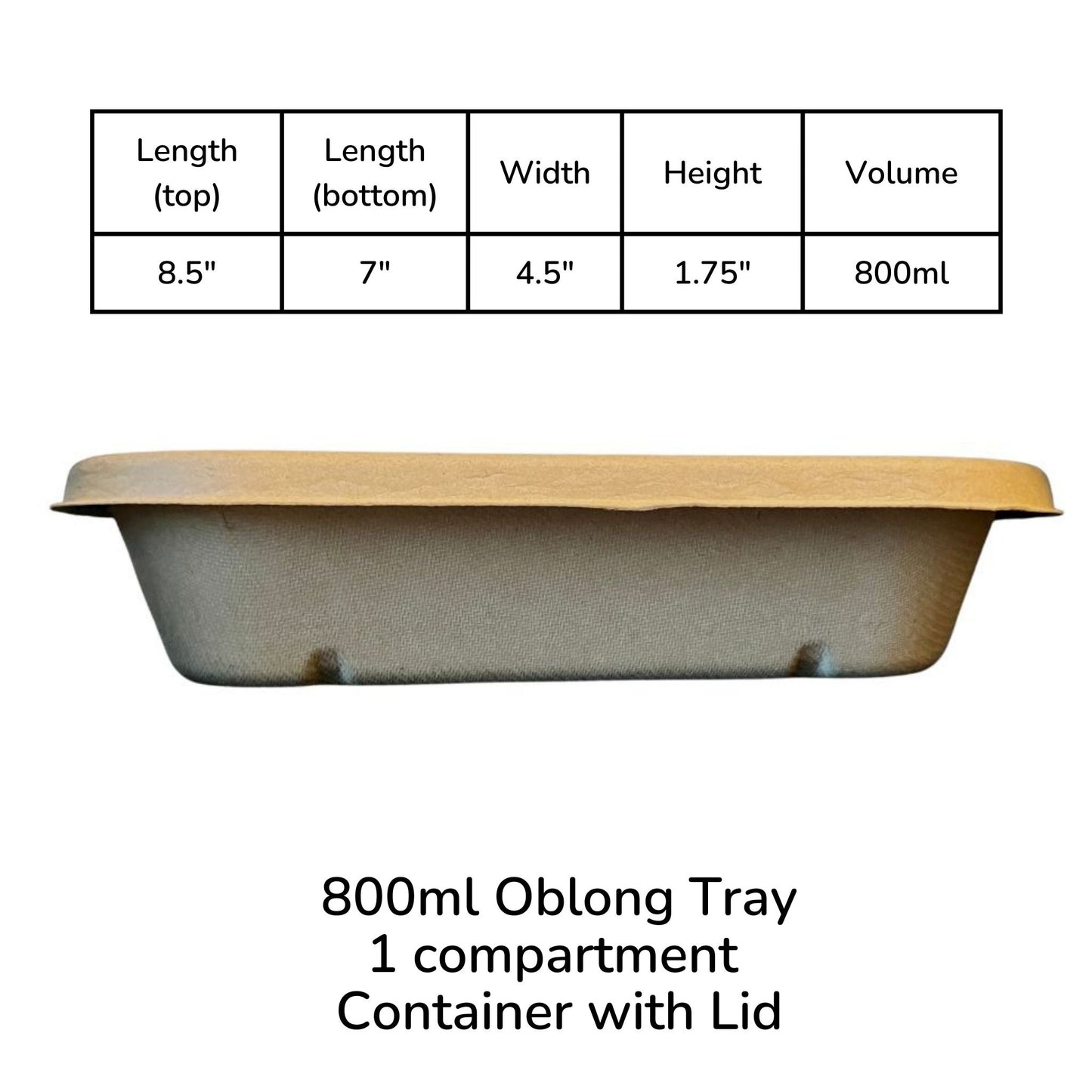 Oblong 1-Compartment Compostable Container 800 ml