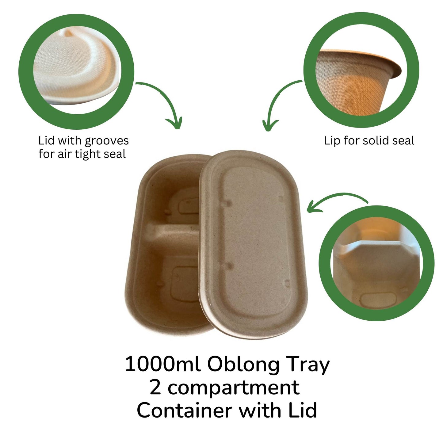 Oblong 2-Compartment Compostable Container 1000 ml