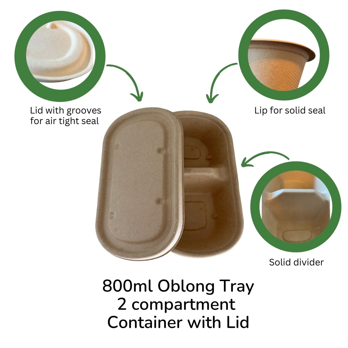 Oblong 2-Compartment Compostable Container 800 ml With lid