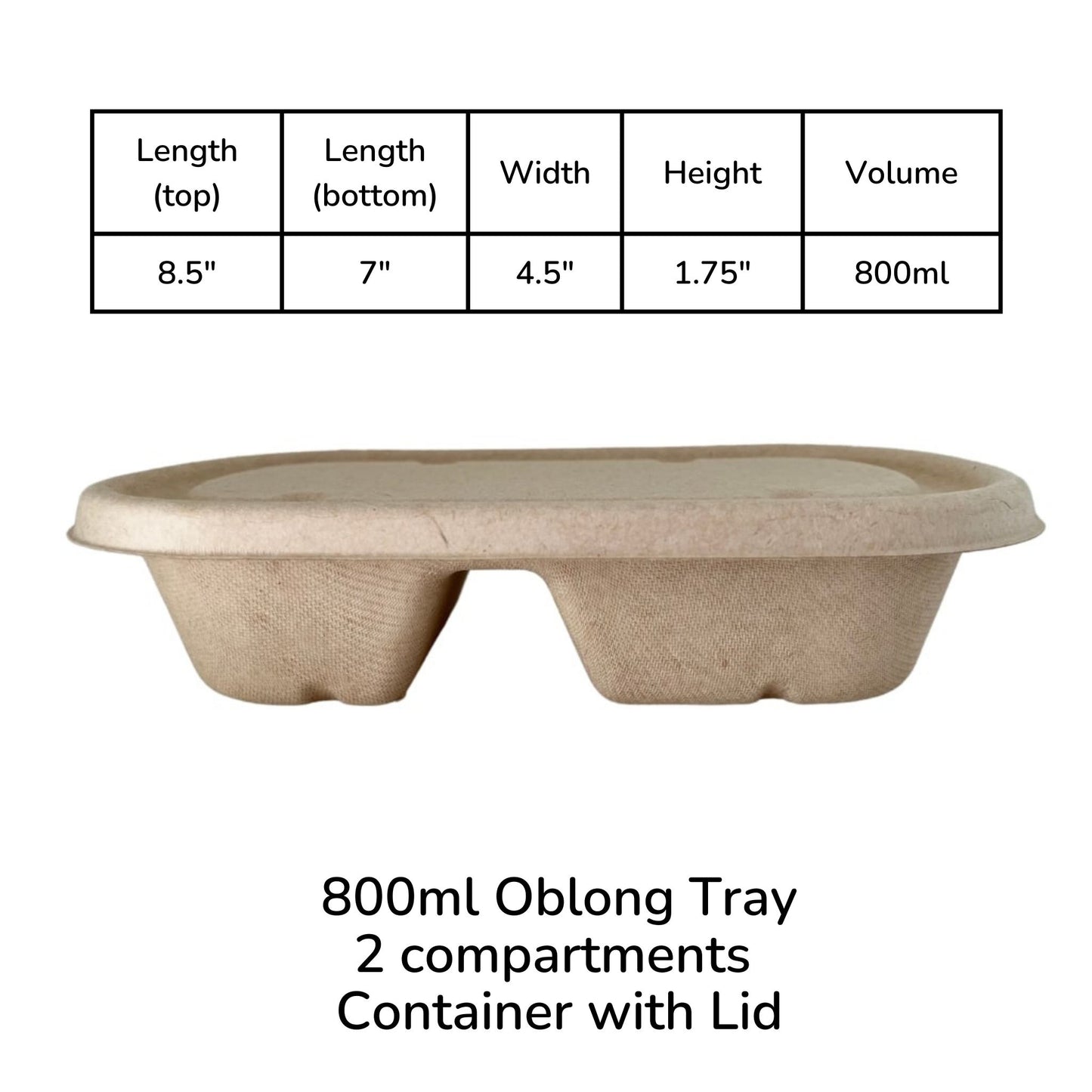 Oblong 2-Compartment Compostable Container 800 ml With lid