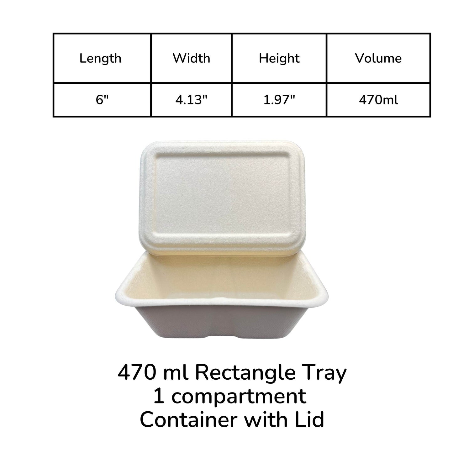 Rectangle 1-compartment compostable container 470ml with lid