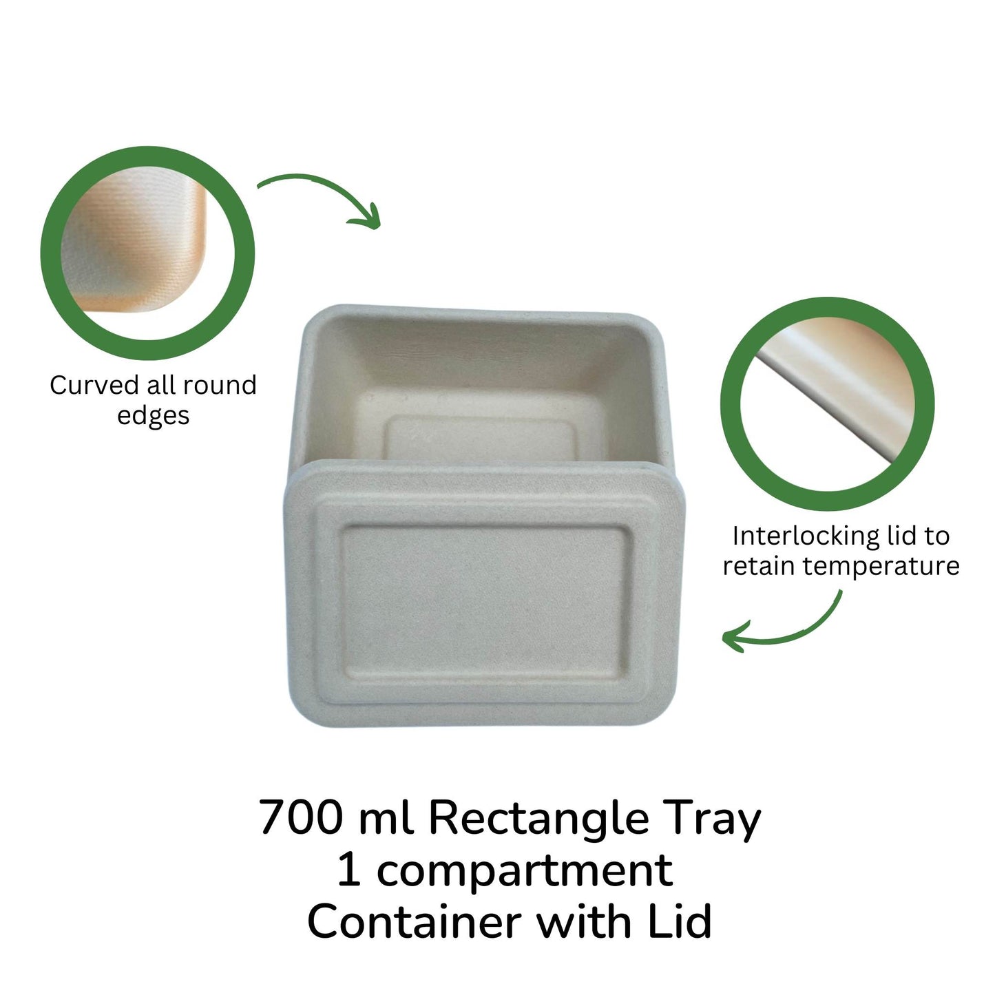 Rectangle 1-compartment compostable container 700ml with lid