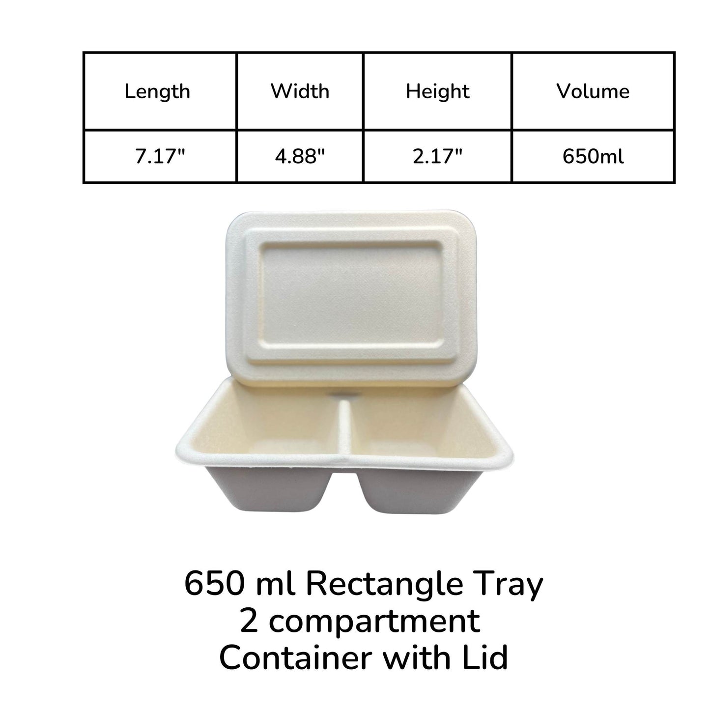 Rectangle 2-compartment compostable container 650ml