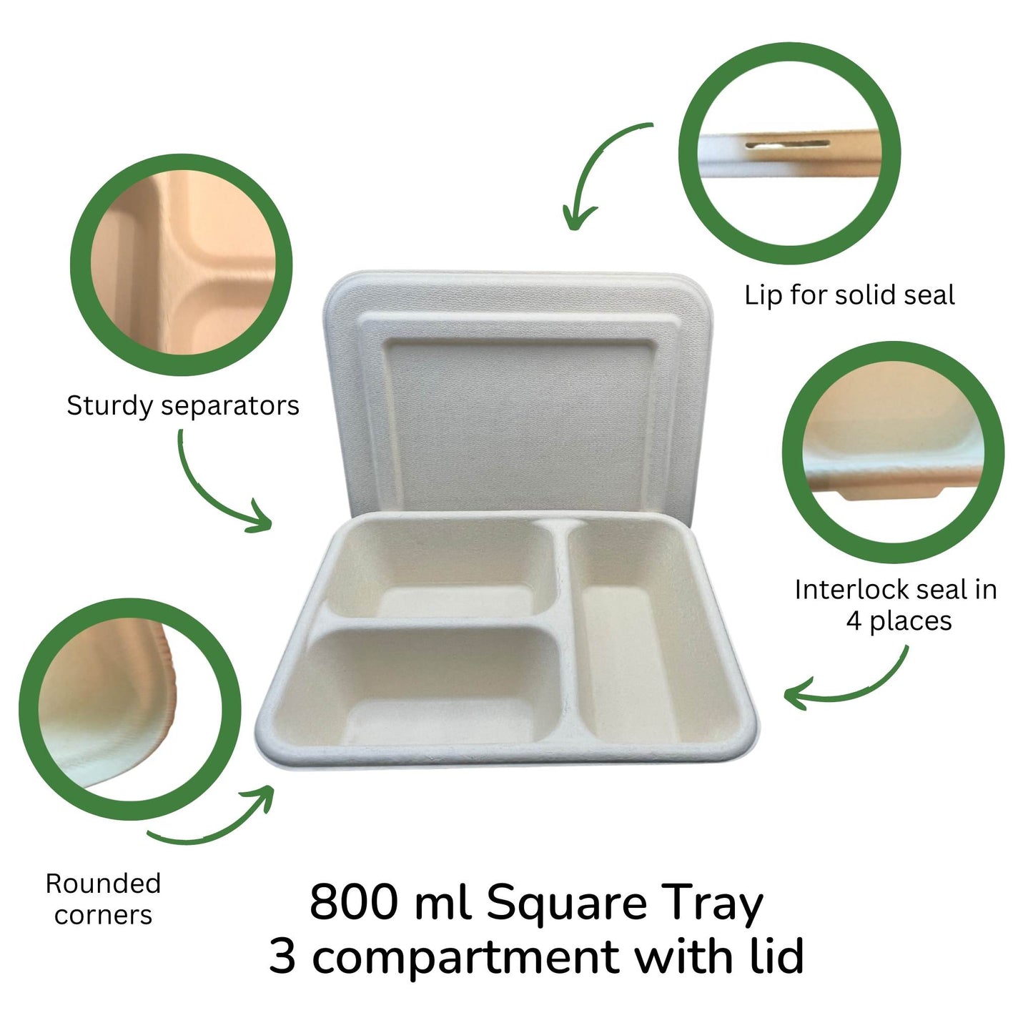 Tray 3-compartment compostable 800ml