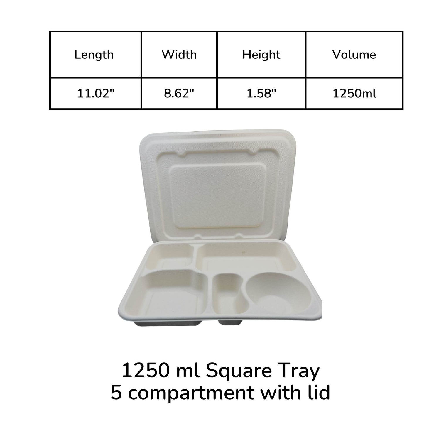 Tray 5-compartment compostable 1250ml with lid